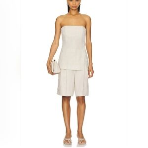 GRLFRND New (M) In Natural Linen High Waisted Pleated Long Bermuda Shorts